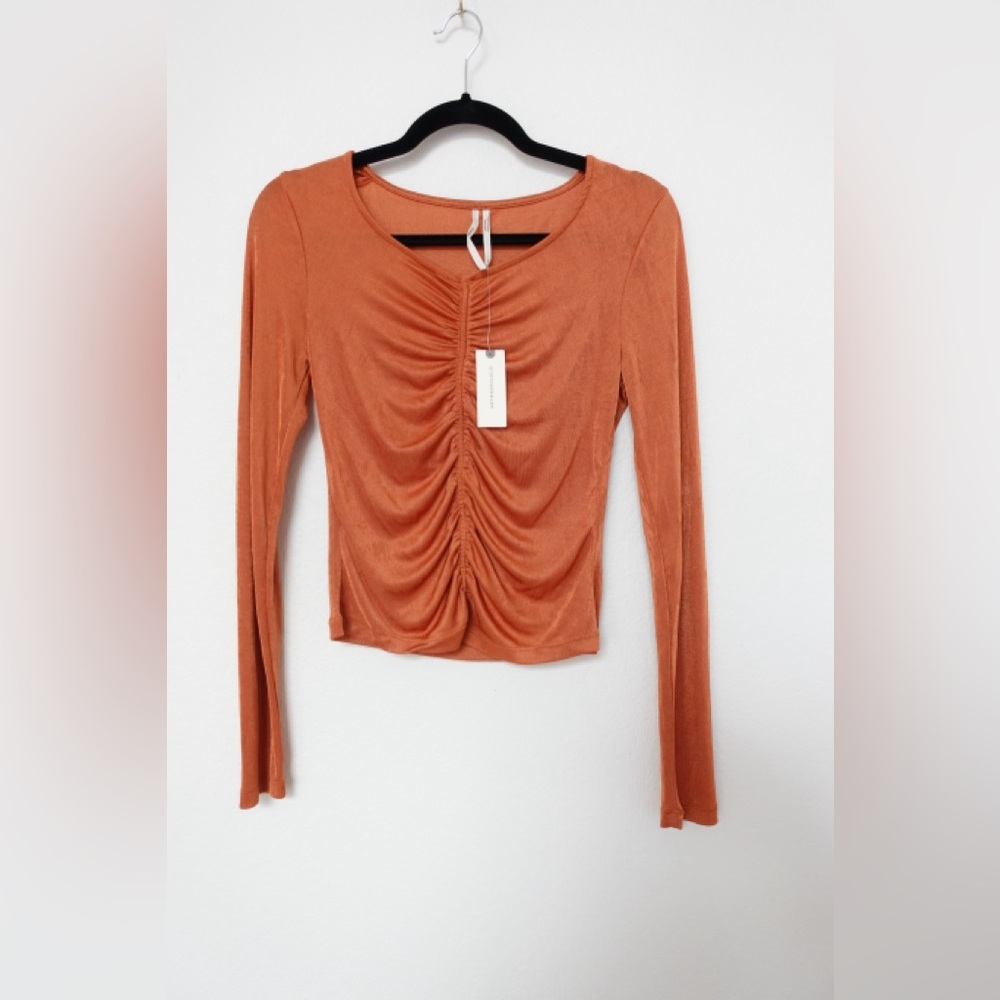 Anthropologie NWT Ruched Long Sleeve Top - Rust Orange - Size Medium